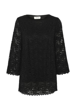 Czarny koronkowy top z rękawami trzy czwarte, okrągłym dekoltem, falbaniastymi krawędziami i fakturowanym, kwiatowym wzorem na całej powierzchni.