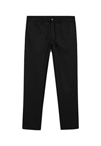 Pantaloni in tessuto leggero e nero, con vita elastica, cordoncino e chiusura con bottone; design a gamba dritta senza motivi visibili.