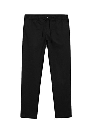 Pantalons en tissu léger noirs avec une taille élastique, un cordon de serrage et une fermeture à bouton ; design à jambe droite sans motifs visibles.