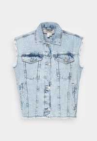 Niebieska dżinsowa kamizelka bez rękawów z postrzępionymi brzegami, z przodu zapięcie na guziki, dwie kieszenie na piersi z metalowymi elementami w kolorze srebrnym oraz pionowe przeszycia.