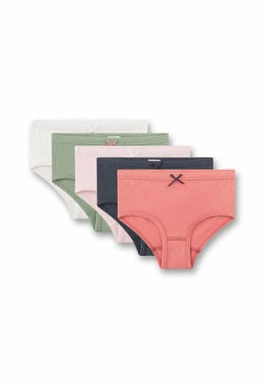 Five pairs of cotton women’s briefs in white, green, pink, dark blue, and coral, each with a small bow at the waistband center.