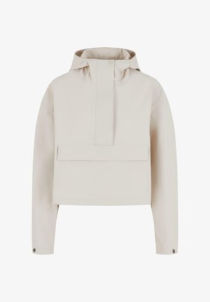 Ljus beige kort jacka med huva, framknäppning och stor framficka. Mjuk textur och minimalistisk design.