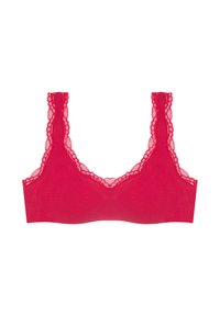 Trådlös bh med spetsdetaljer i livlig rosa, med breda axelband och en slät, mjuk tygfinish. Har vågiga kanter och ingen bygelfunktion.