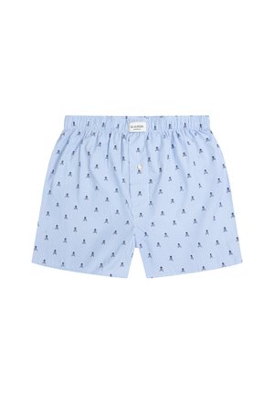 Boxers de color azul claro con rayas verticales y pequeños patrones de calaveras, con una cinturilla elástica y una apertura con botón. Etiqueta visible en la parte superior.