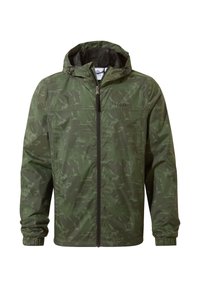 Green camouflage jacket with a zip front, hood, and elastic cuffs. Made from a smooth, lightweight material with a textured design.