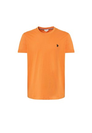 T-shirt in cotone arancione con scollatura a girocollo, maniche corte e un piccolo logo nero sul lato sinistro del petto. Tessuto liscio e vestibilità casual.