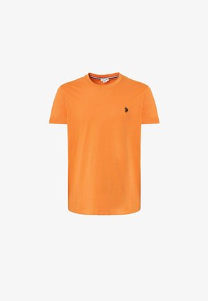 T-shirt in cotone arancione con scollatura a girocollo, maniche corte e un piccolo logo nero sul lato sinistro del petto. Tessuto liscio e vestibilità casual.
