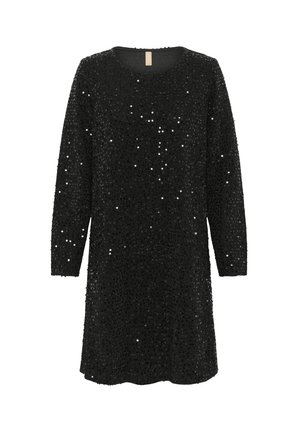 Schwarzes langärmeliges Kleid, das mit Pailletten bedeckt ist, mit Rundhalsausschnitt, lockerer Passform und Oberschenkel-Länge. Glatte Textur mit schimmerndem Effekt.