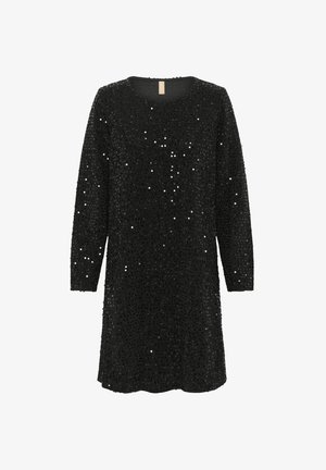 Sort langærmet kjole dækket i palietter, med rund hals, løs pasform og længde til midt på låret. Glat tekstur med en skinneeffekt.