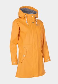 Yellow waterproof raincoat with a hood, snap-button closure, two side pockets, and drawstring accents. Smooth, textured surface.