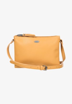 Bolso bandolera de cuero amarillo con correa ajustable, cierre de cremallera y pequeña placa metálica con el logo en la parte delantera.