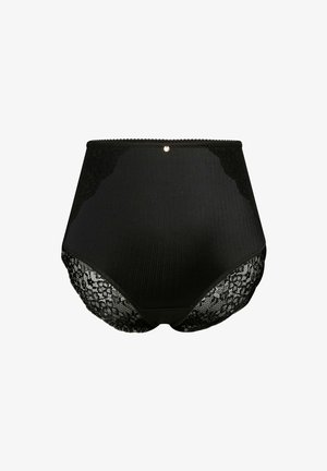 Schwarze hochtaillierte Unterwäsche aus strukturiertem Stoff mit Spitzenapplikationen. Enthält ein kleines goldenes Akzentstück auf der Rückseite. Glatte Oberfläche, filigrane Spitzenverzierungen.