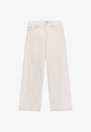 Damenhose mit hoher Taille und weitem Bein in Cremefarbe, mit seitlichen Einsätzen, vorderem Knopf-, Reißverschluss und Fünf-Taschen-Design.