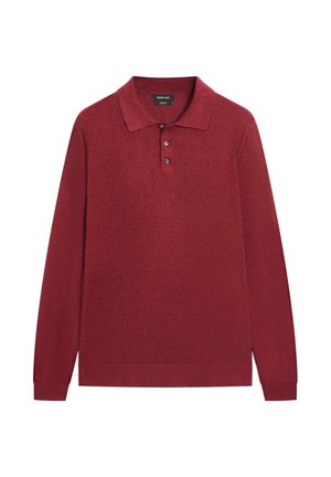 Langærmet polo i burgunder med tre knapper og krave, lavet af blødt strikstof.