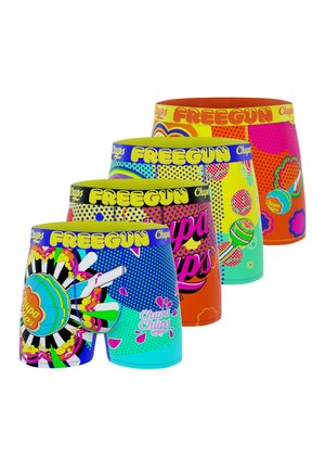 Ensemble de boxers colorés présentant des motifs vibrants, des motifs de bonbons, et une ceinture audacieuse "FREEGUN" en différentes teintes et designs.