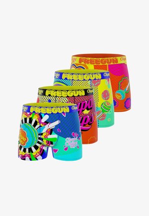 Ensemble de boxers colorés présentant des motifs vibrants, des motifs de bonbons, et une ceinture audacieuse "FREEGUN" en différentes teintes et designs.
