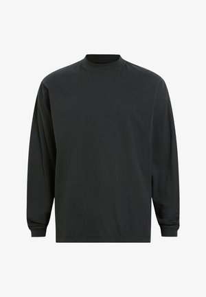 Sort langærmet t-shirt med høj rund hals, lavet af glat stof, med enkle sting og uden mønstre eller grafik.