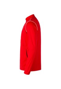 Rotes langärmliges Sportshirt mit hohem Kragen und weißen Akzenten. Verfügt über eine glatte Stofftextur und seitliche Taschen.