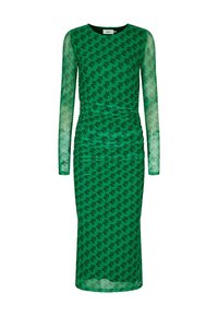 Robe verte en tissu transparent, dotée de manches longues et d'une silhouette ajustée. Motif géométrique noir remarquable sur l'ensemble.