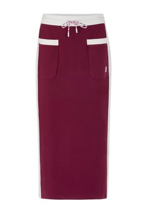 Weinroter knielanger Rock mit weißen Seitenpaneelen, zwei Vordertaschen und einem elastischen Bund mit Kordelzug. Hergestellt aus weichem Stoff.