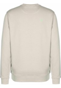 Ljust grå sweatshirt i mjukt material. Har rund halsringning, långa ärmar, ribbade manschetter och en liten grön logotyp på baksidan.