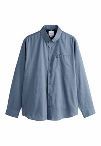 Sötétkék anyagból készült, hosszú ujjú, gombos ing, hegyes gallérral, mellkasi zsebbel és laza szabással, ívelt szegéllyel.