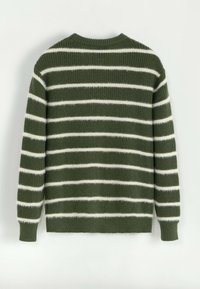 Pull en tricot vert avec des rayures horizontales blanches, doté d'un col rond et de poignets côtelés. Texture douce, coupe décontractée et sans fermetures visibles.