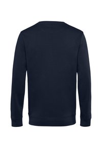 Felpa a maniche lunghe blu navy, semplice, con polsini e orlo a coste, mostrata dal retro su uno sfondo bianco.