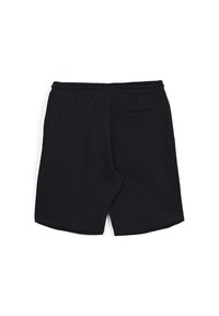 Pantaloni corti neri realizzati in tessuto morbido, con una vita elastica, taglio standard e una singola tasca posteriore con una sottile cucitura decorativa.
