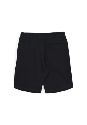 Pantaloncini neri in cotone con vestibilità comoda, vita elasticizzata e una tasca posteriore singola con apertura orizzontale. Tessuto liscio.