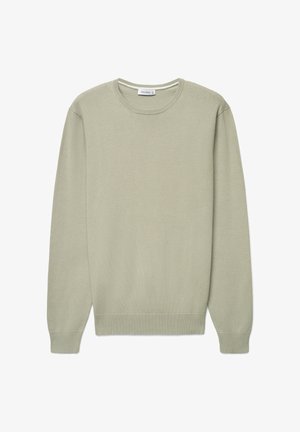 Maglione in maglia verde chiaro con scollo rotondo e maniche lunghe. Tessuto morbido, polsini e orlo a costine, con un motivo sottile su tutta la superficie.