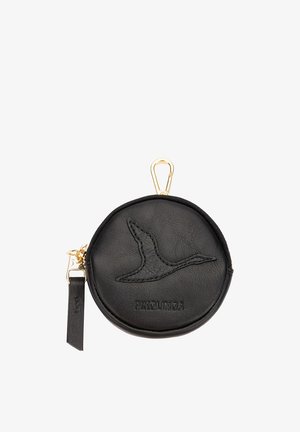 Ronde zwarte leren muntenportemonnee met een geborduurd vogelmotief, gouden rits en gesp, en de merknaam Pikolinos.