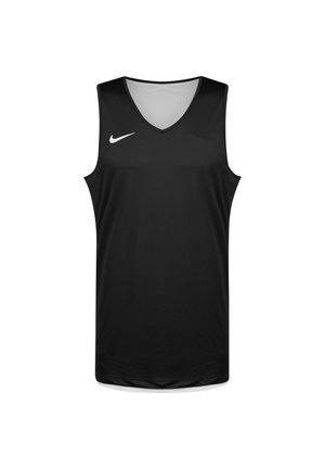 Maillot sans manches Nike noir avec un décolleté en V, fabriqué en tissu en maille respirante, avec un logo blanc sur la poitrine gauche.
