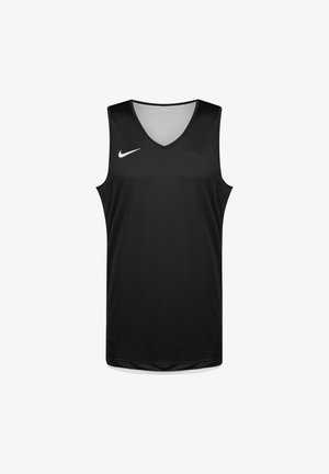 Canottiera nera Nike senza maniche con design a scollo a V, realizzata in tessuto a rete traspirante, con logo bianco sul petto sinistro.