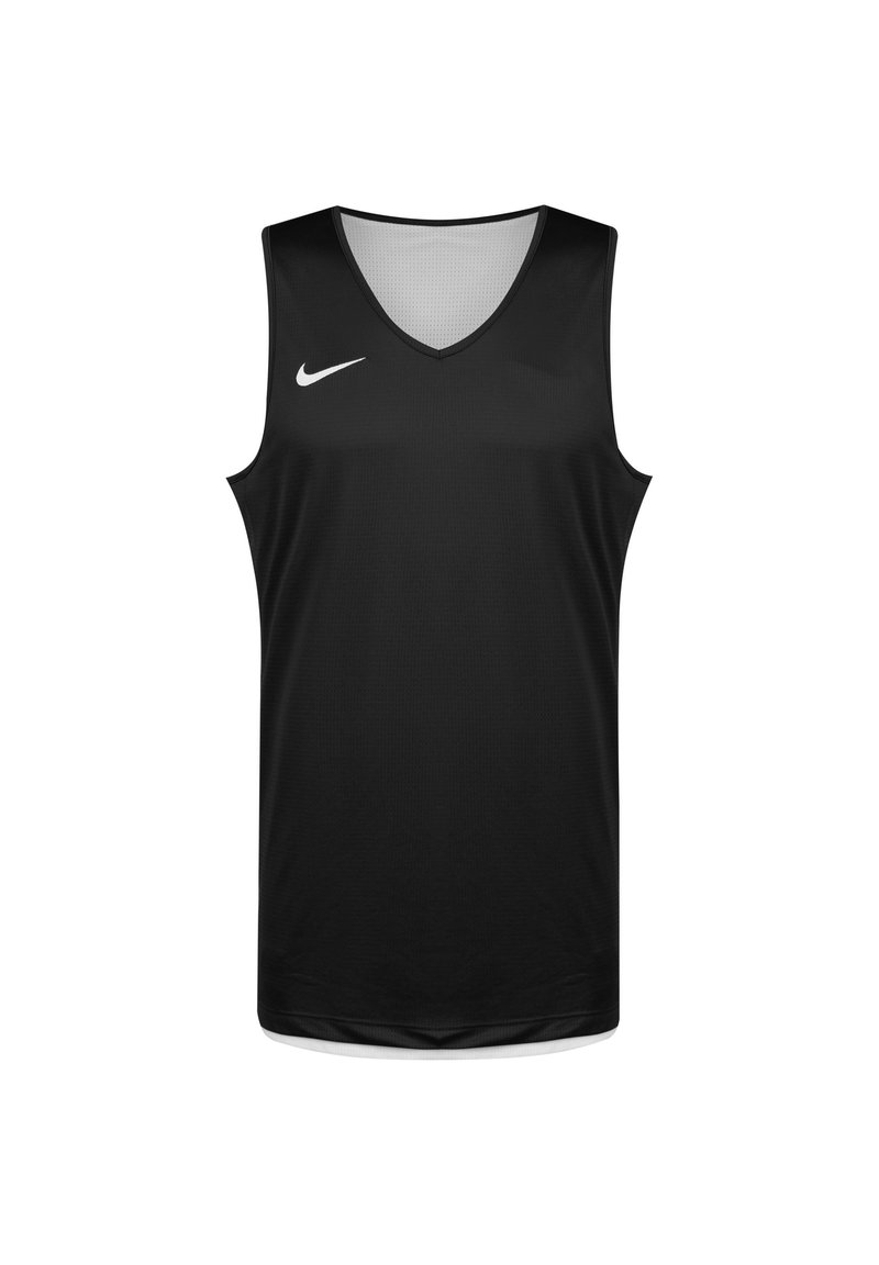 Canottiera nera Nike senza maniche con design a scollo a V, realizzata in tessuto a rete traspirante, con logo bianco sul petto sinistro.