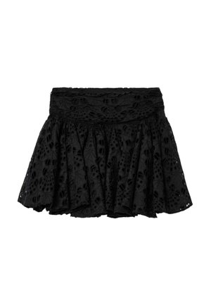 Schwarzer Rock aus strukturiertem Stoff mit Lochmuster, gerafftem Design und breitem Bund. Ausgestellt und kurz in der Länge.