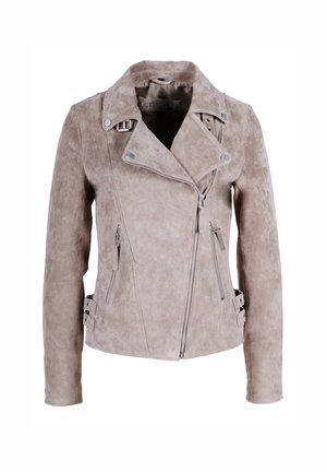 Beige suede motocyklová bunda s asymetrickým zipem, stříbrnými doplňky a nastavitelnými bočními přezkami. Má dlouhé rukávy a klopový límec.