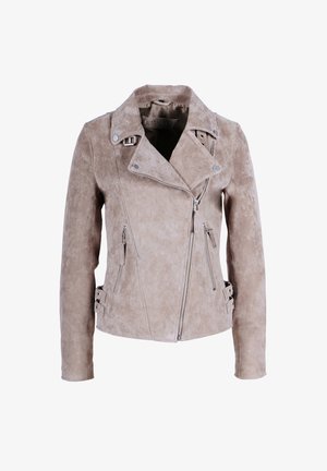 Beige Wildleder-Motorradjacke mit asymmetrischem Reißverschluss, silbernem Zubehör und verstellbaren seitlichen Schnallen. Mit langen Ärmeln und einem Reverskragen.