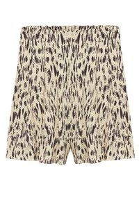 Lightweight shorts in a beige fabric featuring a dark abstract animal print. Elastic waistband and loose, relaxed fit.