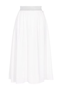 Witte maxi rok met een vloeiende stijl, voorzien van een gestructureerde zilveren elastieken tailleband en een geplooid detail bij de taille.