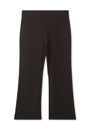 Leggings neri a palazzo realizzati in un tessuto liscio ed elasticizzato, con vita alta e senza cuciture o motivi visibili.