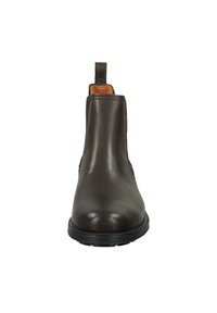 Brauner Leder-Chelsea-Stiefel mit elastischen Seitenpaneelen und einer kleinen Zuglasche an der Ferse; runde Zehenform und Gummisohle für Langlebigkeit.