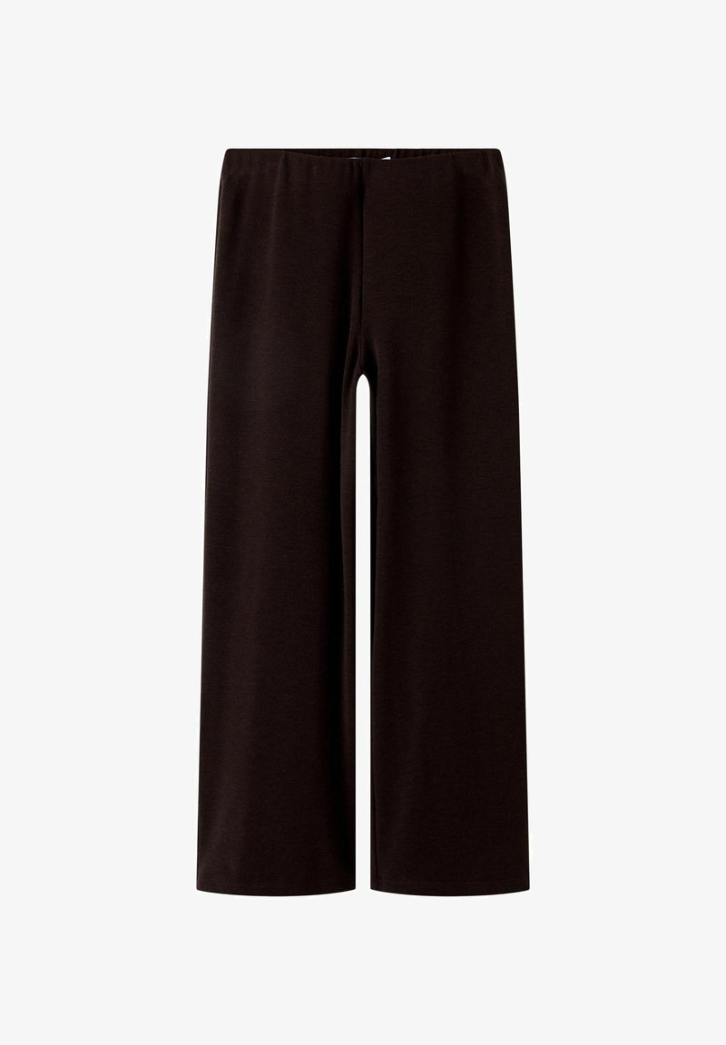 Črne široke hlače iz mehkega, raztegljivega materiala, z elastičnim pasom za udobje in preprostim, minimalističnim dizajnom.