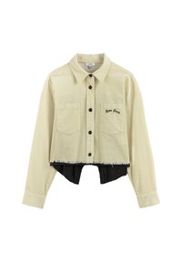 Cropped corduroy shirt in pale yellow, featuring black buttons, two front pockets, and a frayed hem. Detailed with "Retro Grace" embroidery.