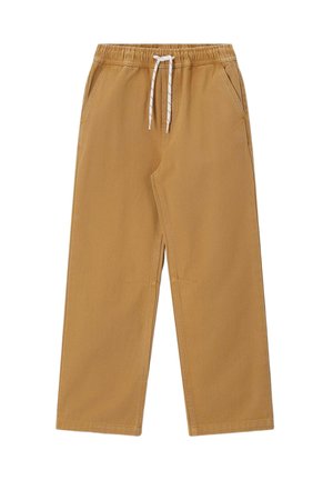 Light brown wide-leg pants with elastic waist and white drawstring, featuring side pockets and simple stitching details.