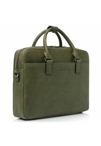 Grüne Lederhandtasche mit doppelten Tragegriffen, Reißverschluss und dezentem eingeprägtem Logo. Verfügt über eine glatte Textur und eine strukturierte rechteckige Form.
