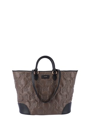 Quilted taupe handbag with black leather accents and two top handles. Features floral pattern stitching and a brand label on the front.