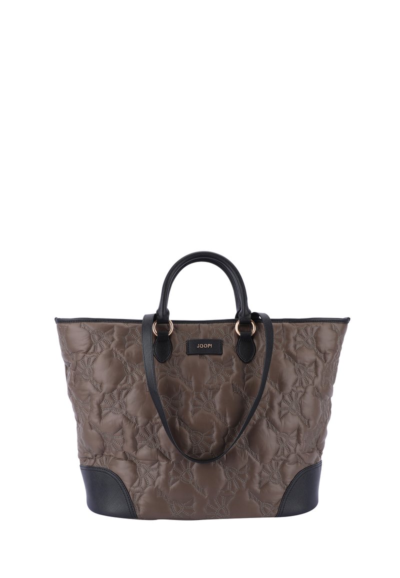 Vansitettu taupe-laukku mustilla nahka-aksenteilla ja kahdella yläkahvalla. Sisältää kukkakuviolla varustettua tikkausta ja brändilapun edessä.