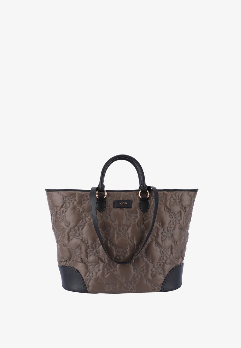 Vansitettu taupe-laukku mustilla nahka-aksenteilla ja kahdella yläkahvalla. Sisältää kukkakuviolla varustettua tikkausta ja brändilapun edessä.