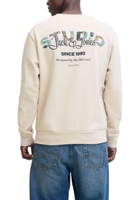 Uomo con felpa color crema con testo multicolore "SOUTHPOLE Jack & Jones" e jeans blu, mostrato di spalle.